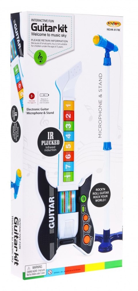 Kolorowa Gitara elektryczna dla dzieci 3+ Mikrofon na statywie + Dźwięki Światła Kolorowa Gitara elektryczna dla dzieci 3+ Mikrofon na statywie + Dźwięki Światła