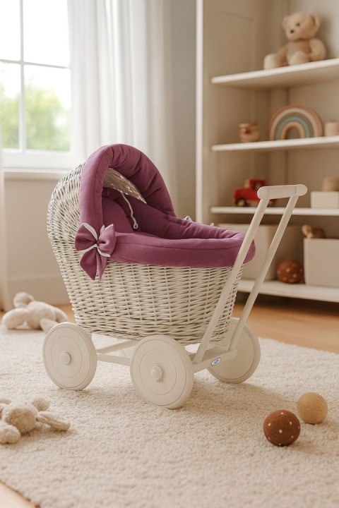 Wiklinowy wózek dla lalek pchacz biały z pościelką róż retro i miękką wyściółką STELLA