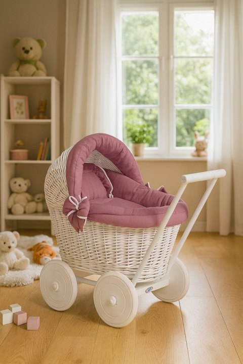 Wiklinowy wózek dla lalek pchacz biały z pościelką róż retro i miękką wyściółką STELLA