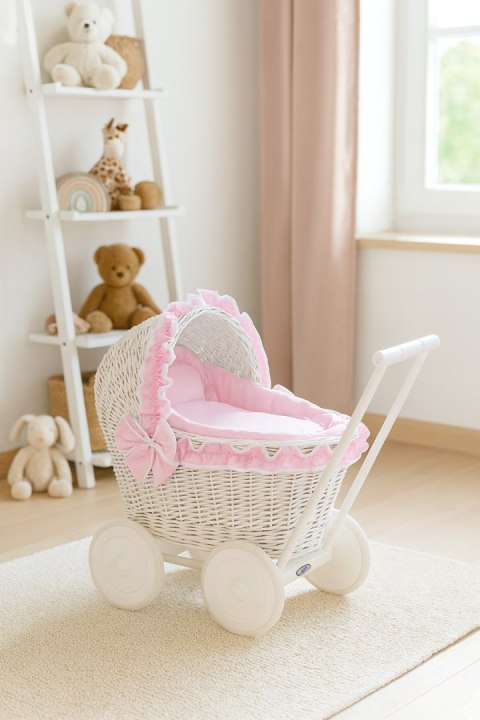 Wiklinowy wózek dla lalek pchacz biały z różową pościelką i miękką wyściółką CHIARA