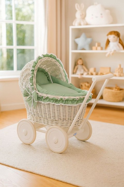 Wiklinowy wózek dla lalek pchacz biały z szałwiową pościelką i miękką wyściółką CHIARA
