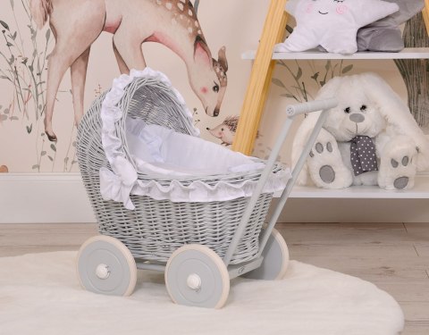 Wiklinowy wózek dla lalek pchacz szary z białą pościelką i miękką wyściółką