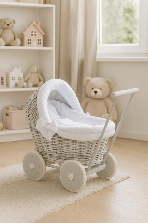 Wiklinowy wózek dla lalek pchacz szary z białą pościelką i miękką wyściółką