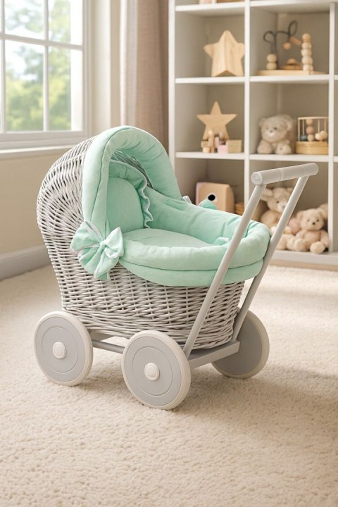 Wiklinowy wózek dla lalek pchacz szary z miętową pościelką i miękką wyściółką
