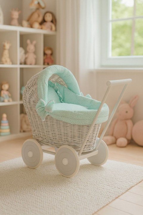 Wiklinowy wózek dla lalek pchacz szary z miętową pościelką i miękką wyściółką