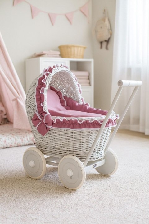 Wiklinowy wózek dla lalek pchacz szary z pościelką i miękką wyściółką róż retro
