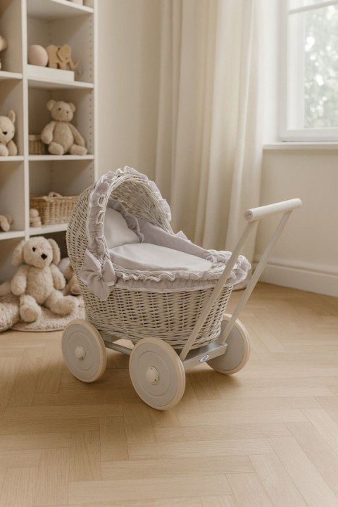 Wiklinowy wózek dla lalek pchacz szary z szarą pościelką i miękką wyściółką