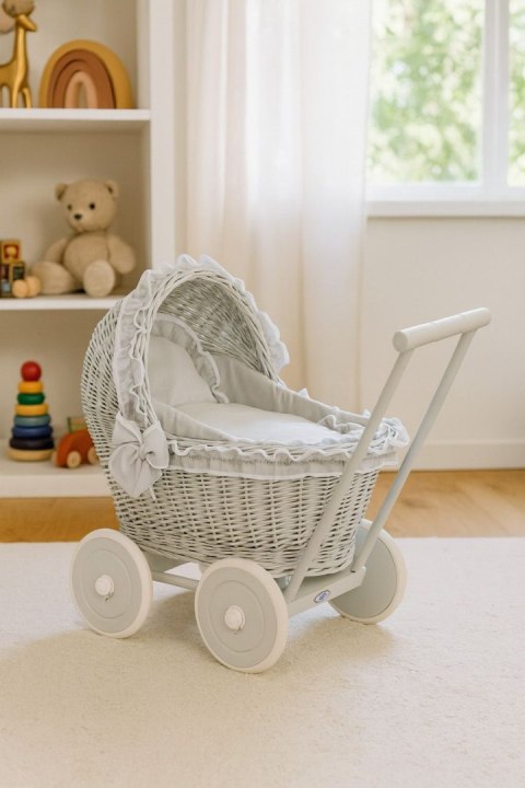 Wiklinowy wózek dla lalek pchacz szary z szarą pościelką i miękką wyściółką