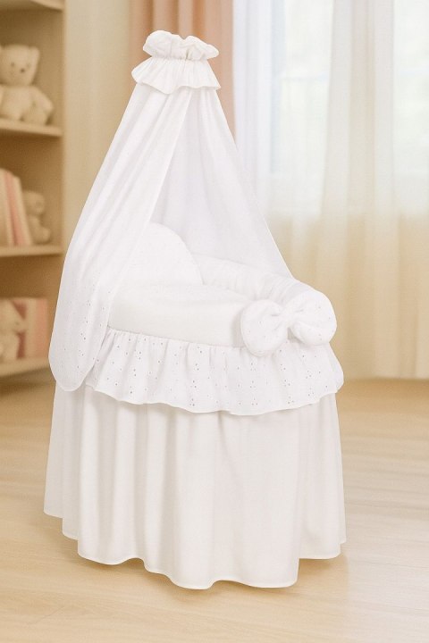 Wózek dla lalek - Kosz Mojżesza dla lalek z baldachimem - biały z haftowaną koronką