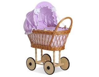 Wiklinowy wózek dla lalek wysoki ażurowy z fioletową pościelką i wyściółką VERONICA - naturalny