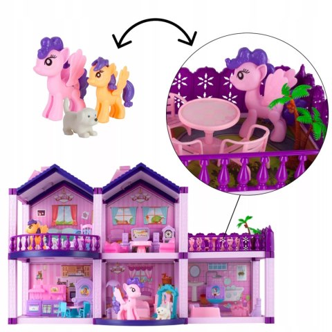 Domek dla lalek różowy duży piętrowy z mebelkami kucyki koniki dla dzieci