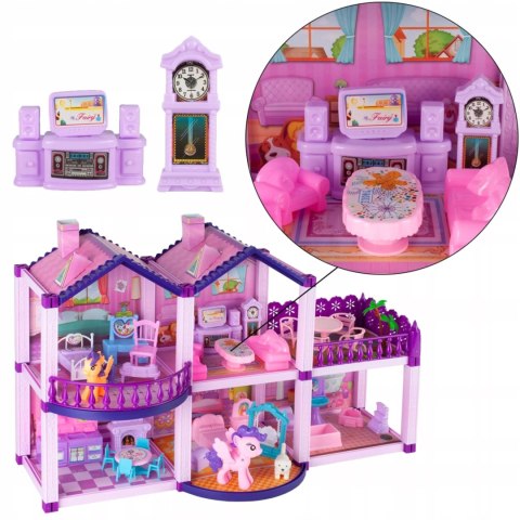 Domek dla lalek różowy duży piętrowy z mebelkami kucyki koniki dla dzieci