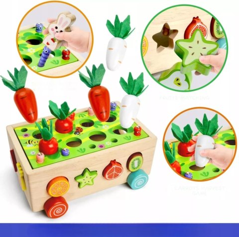 Układanka Montessori sorter klocków Złap Robaczka drewniany wózek marchewki