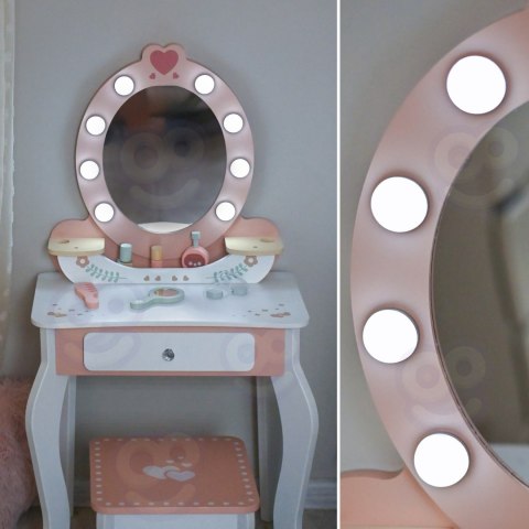 TOOKY TOY Drewniana Toaletka z Krzesełkiem Akcesoria Lustro z Oświetleniem LED + Kosmetyki