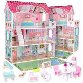 Domek dla lalek drewniany Lulilo Gardeno z ogródkiem mebelki 70cm różowy LED