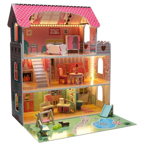 Domek dla lalek drewniany Lulilo Gardeno z ogródkiem mebelki 70cm różowy LED