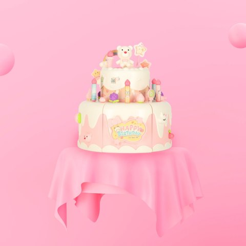 Tort urodzinowy piętrowy do krojenia na rzepy muzyka światła kuchnia 16 elementów różowy