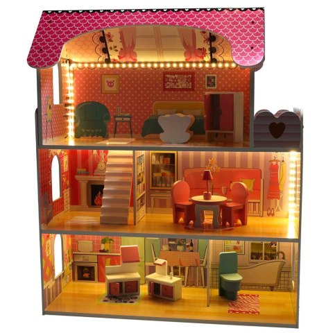 Domek dla lalek drewniany MDF mebelki 70cm różowy LED