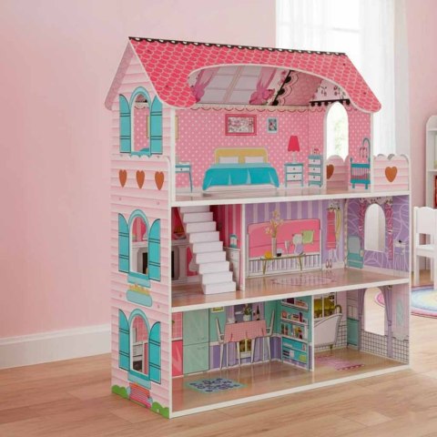 Domek dla lalek drewniany MDF mebelki 70cm różowy LED