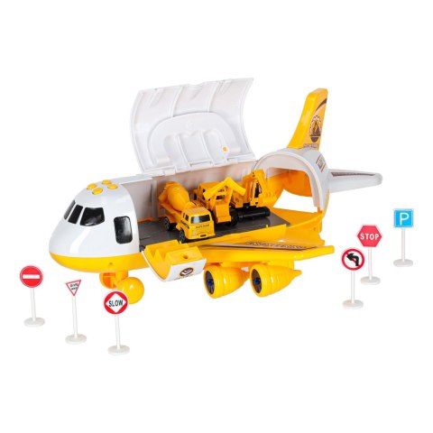 Transporter samolot rozkładany z autami + 3 auta pojazdy budowlane światła dźwięk