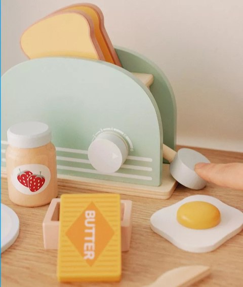 Drewniany toster dla dzieci z akcesoriami tosty zestaw śniadaniowy