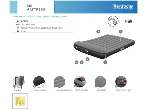 Bestway Materac welurowy samopompujący 2os. QUEEN Tritech 203x152cm 671BS