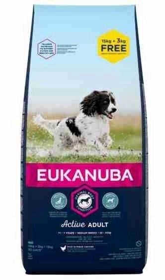 Eukanuba Active Adult Medium Breed Chicken 15kg +3kg GRATIS