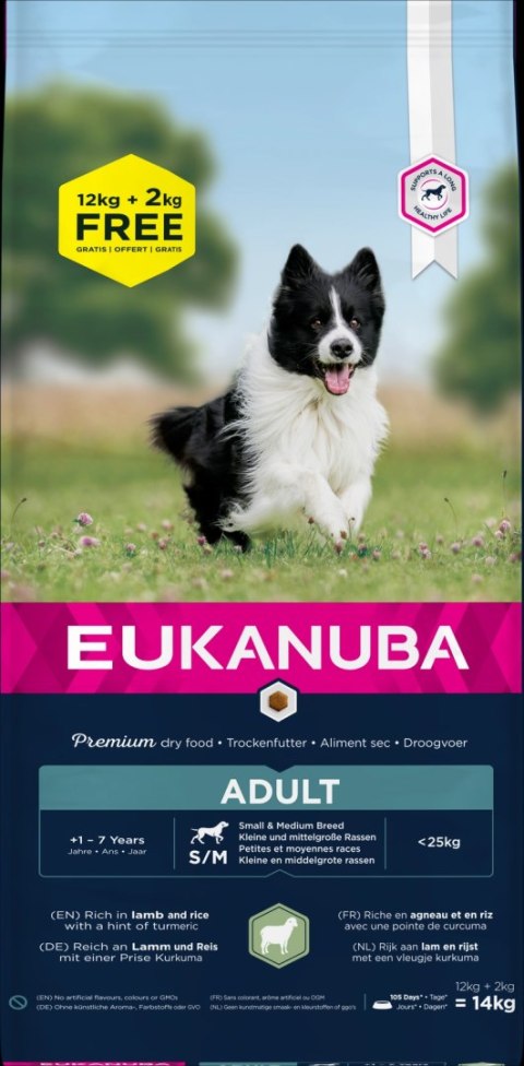 Eukanuba Adult Small&Medium Breed Rich In Lamb & Rice 12kg + 2kg GRATIS