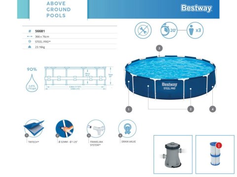 Bestway Basen stelażowy 366cm x 76cm 8w1 56681