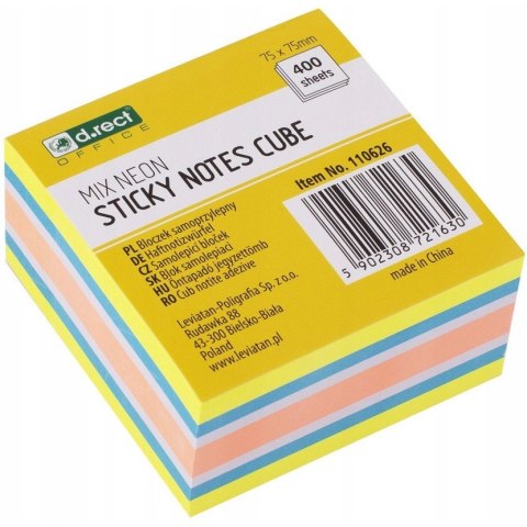 Bloczek samoprzylepny 75x75mm 400k mix neon mango D.RECT (110626)
