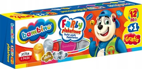Farby plakatowe dla dzieci Zestaw 12 kolorów x 20ml + 1 farba cielista gratis BAMBINO
