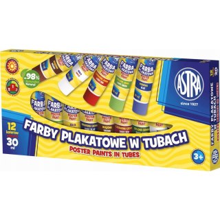 Farby plakatowe w tubkach szkolne 12 kolorów 30ml 83110901 ASTRA