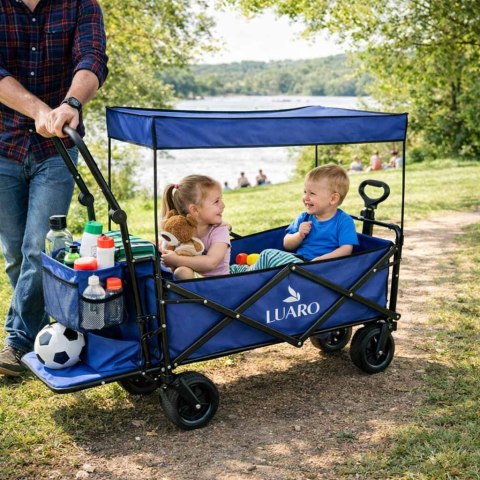 Wózek transportowy LUARO plażowy składany z daszkiem i siatką granatowy
