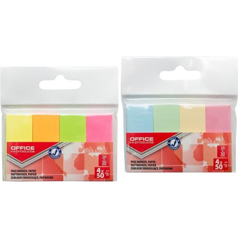ZAKŁADKI INDEKSUJĽCE OFFICE PRODUCTS, PAPIER, 20X50MM, 4X50 KART. MIX KOLORÓW NEON
