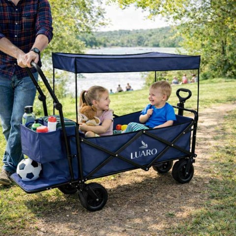 Wózek transportowy LUARO plażowy składany z daszkiem i siatką granatowy