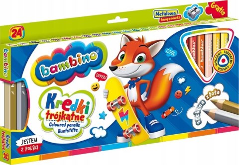 Kredki trójkątne z glinki kaolinowej Zestaw 24 kredek + temperówka BAMBINO St.Majewski