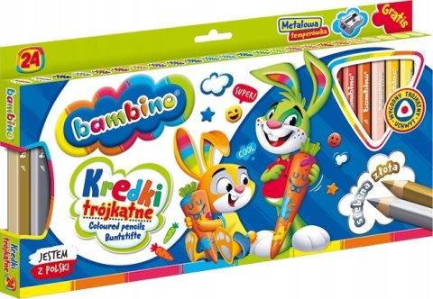 Kredki trójkątne z glinki kaolinowej Zestaw 24 kredek + temperówka BAMBINO St.Majewski