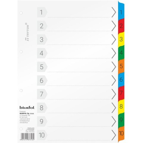 Przekładki numeryczne do segregatora A4 1-10 laminowane TRY-04-02 BIURFOL
