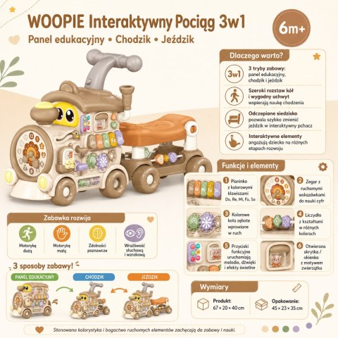 WOOPIE Interaktywny Pociąg Jeździk Pchacz 3w1 Edukacyjny Grający Światło