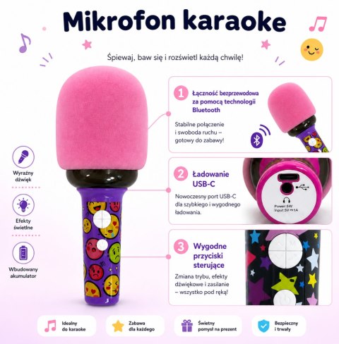WOOPIE Bezprzewodowy Mikrofon Do Karaoke Z Głośnikiem BT LED Różowy