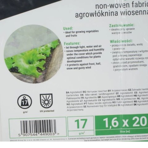 Agrowłóknina wiosenna 17g biała, 1,6 x 20m