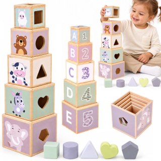 Drewniana piramida edukacyjna + sorter kształtów 2w1 Stonowany kolor ZA6484