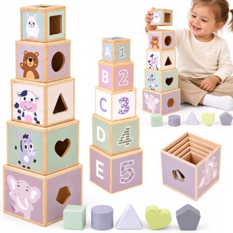 Drewniana piramida edukacyjna + sorter kształtów 2w1 Stonowany kolor ZA6484