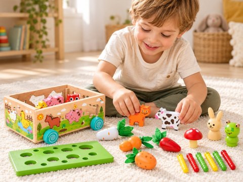 Drewniany SORTER 3w1 wózek, łowienie robaczków, wsadzanie zwierząt ZA6291