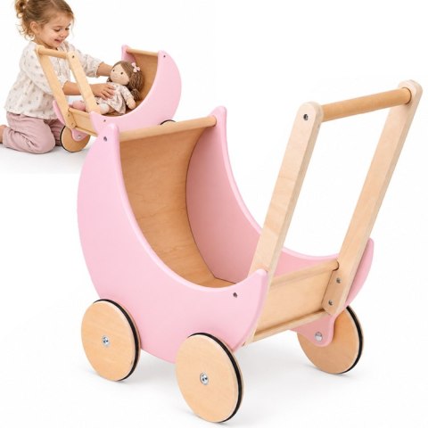 Wózek dla lalek - drewniany RETRO różowy na dużych kołach ZA6482