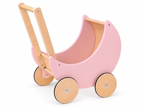 Wózek dla lalek - drewniany RETRO różowy na dużych kołach ZA6482