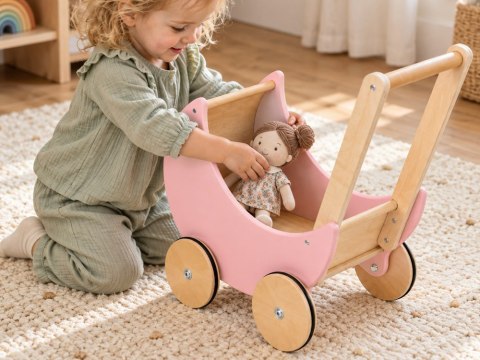 Wózek dla lalek - drewniany RETRO różowy na dużych kołach ZA6482