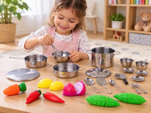 Zestaw metalowych garnków dla dzieci + przybory i warzywa na rzepy ZA6256