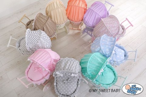 Wiklinowy wózek dla lalek wysoki z szarą pościelką i wyściółką- biały