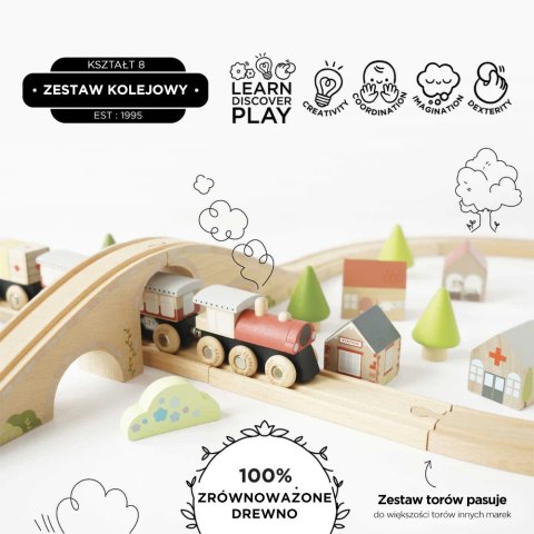 Drewniana kolejka zestaw 40 elementów, tory, pociąg, zabawka, Le Toy Van